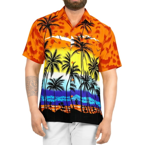 LA LEELA Men's Summer Tops Holiday Stylish Button Down Hawaii Aloha Party Shirt Short Sleeve Men Vacation Beach Shirt L Amber, Beach