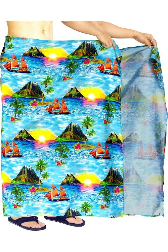 Men's Swim Bath Trunk Swimsuit Regular Surfing Swimwear Sarong Long Pareo Beach Wrap One Size Aqua, Island Summer Vacation Aloha