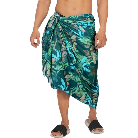 LA LEELA Men's Swim Bath Trunk Swimsuit Regular Surfing Swimwear Sarong Long Pareo Beach Wrap One Size Denim, Leaves Summer Vacation Party