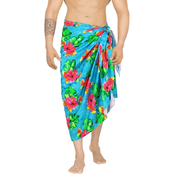 LA LEELA Men's Swim Trunk Beachwear Sarong Pareo Wrap One Size Floral, Blue Summer Vacation Party