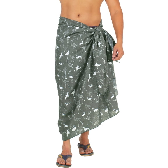LA LEELA Men's Swim Trunk Cover Up Cotton Linen Effect Swimwear Beach Samoan Pareo Wrap Sarong Men Sulu One Size Onyx, Flamingo Vacation