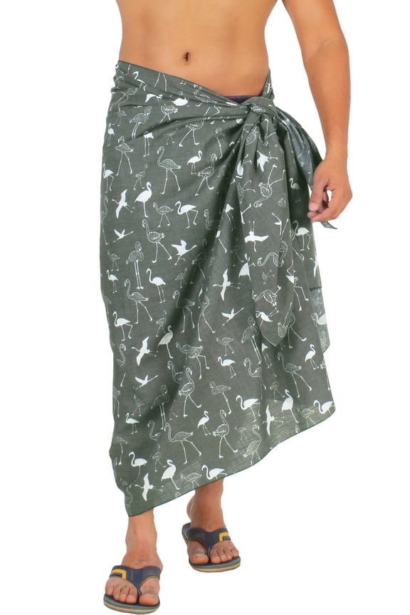 Men's Swim Trunk Cover Up Cotton Linen Effect Swimwear Beach Samoan Pareo Wrap Sarong Men Sulu One Size Onyx, Flamingo Vacation