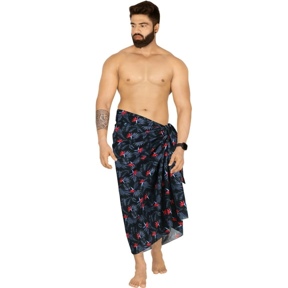 LA LEELA Men's Swimwear Beach Summer Pareo Long Sarong Wrap One Size Blue, Leaves Vacation Holiday Aloha
