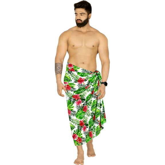 LA LEELA Men's Swimwear Beach Summer Pareo Long Sarong Wrap One Size Green, Hibiscus Vacation Holiday Party