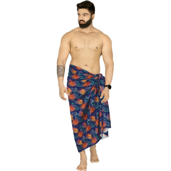 LA LEELA Men's Swimwear Beach Summer Pareo Long Sarong Wrap One Size Navy, Leaves Vacation Holiday Aloha