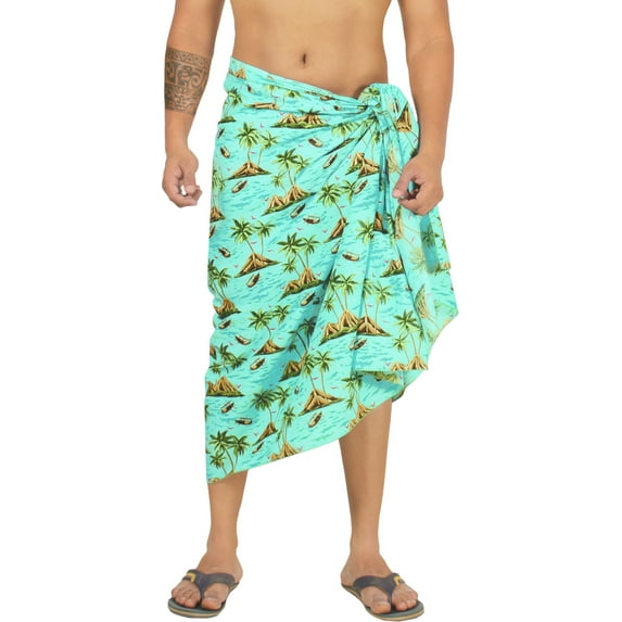 LA LEELA Men's Swimwear Cotton Linen Effect Sarong Cover Up Swimsuit Wrap Sulu Pareo Beachwear For Men One Size Shamrock Green, Palm Tree Summer Vacation