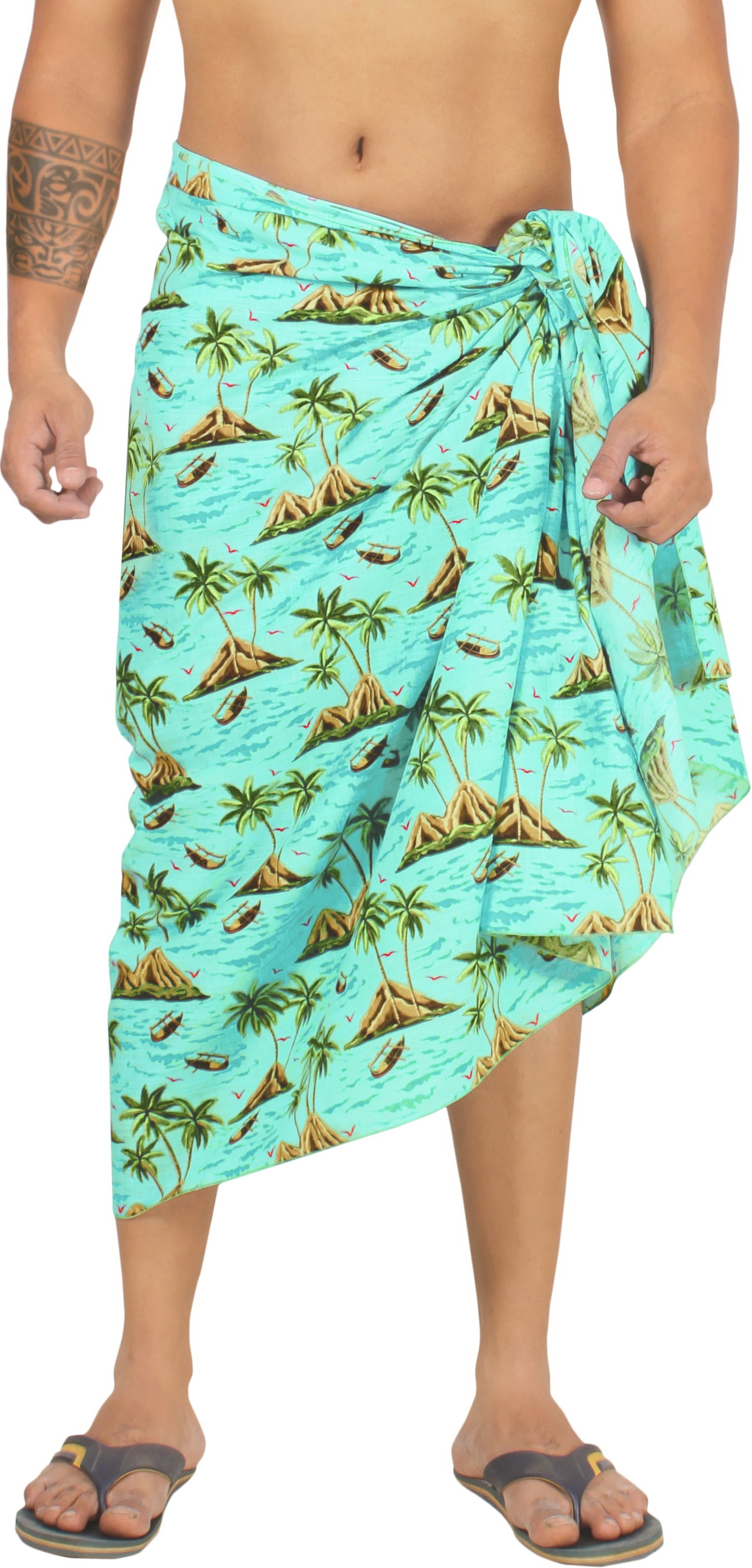 LA LEELA Men s Swimwear Cotton Linen Effect Sarong Cover Up Swimsuit Wrap Sulu Pareo Beachwear For Men One Size Shamrock Green Palm Tree Summer