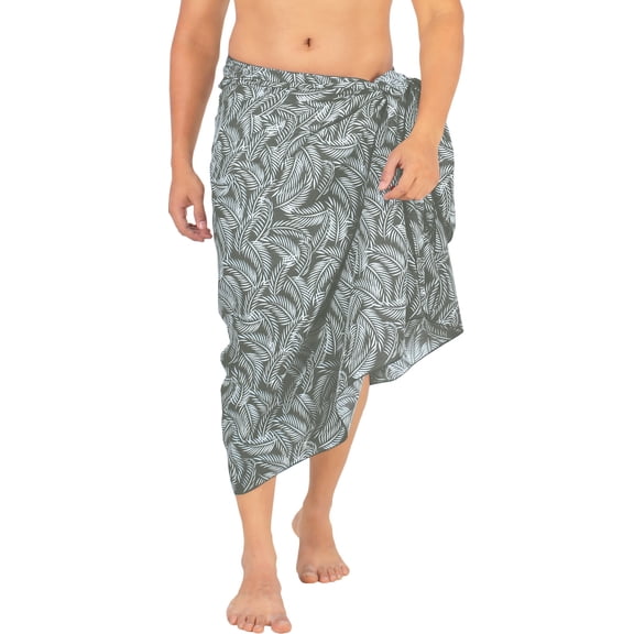 LA LEELA Men's Swimwear Pareo Cotton Linen Effect Sulu Beach Swim Trunk Wrap Beachwear Casual Sarong One Size Black, Leaves Vacation