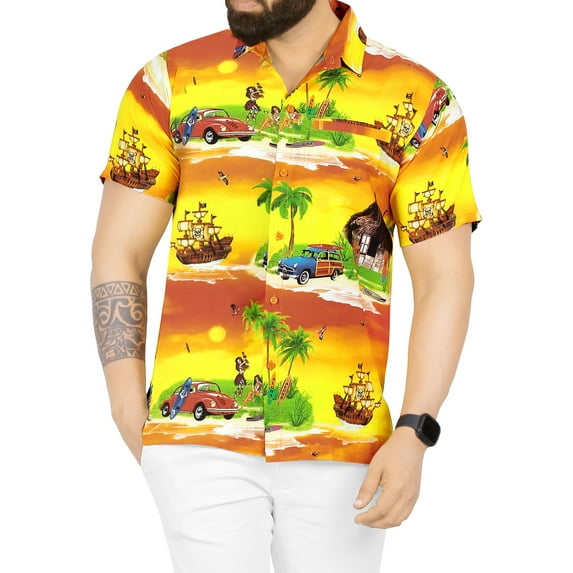 LA LEELA Men's Vacation Cruise Holiday Tops Stylish Aloha Summer Short Sleeve Hawaii Shirt Button Down Collar Shirts For Men M Yellow, Holiday Tribal
