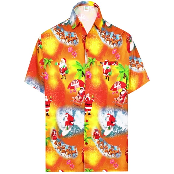 LA LEELA Mens Hawaiian Christmas Tree Shirts Short Sleeve Button Down Shirt Men's Tropical Shirts Shirts for Men Funny M Santa Reindeer, Orange