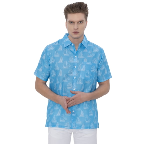 LA LEELA Mens Hawaiian Shirts Short Sleeve Button Down Shirt Men's Casual Vacation Tropical Beach Summer Party Shirts for Men Funny M Blue Boat