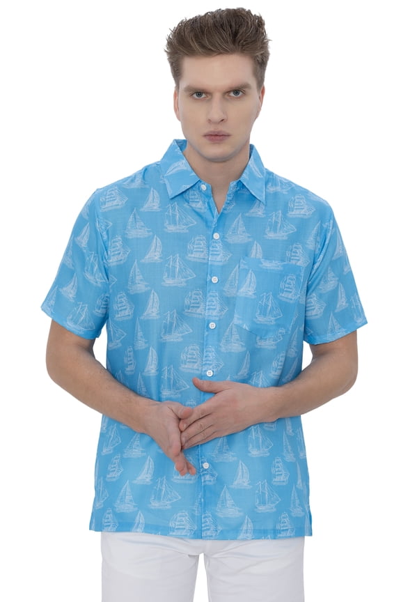 Mens Hawaiian Shirts Short Sleeve Button Down Shirt Men's Casual Vacation Tropical Beach Summer Party Shirts for Men Funny M Blue Boat