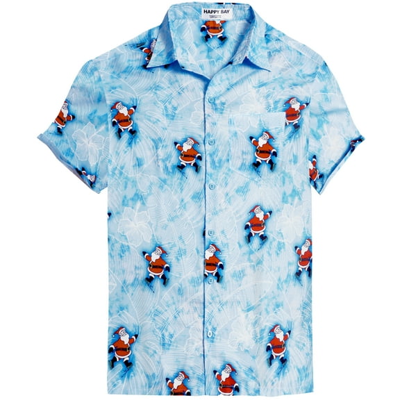 LA LEELA Mens Hawaiian Shirts Short Sleeve Button Down Shirt Men's Ugly Christmas Tree Vacation Gifts Shirts Casual Aloha Shirts for Men M Blue Santa