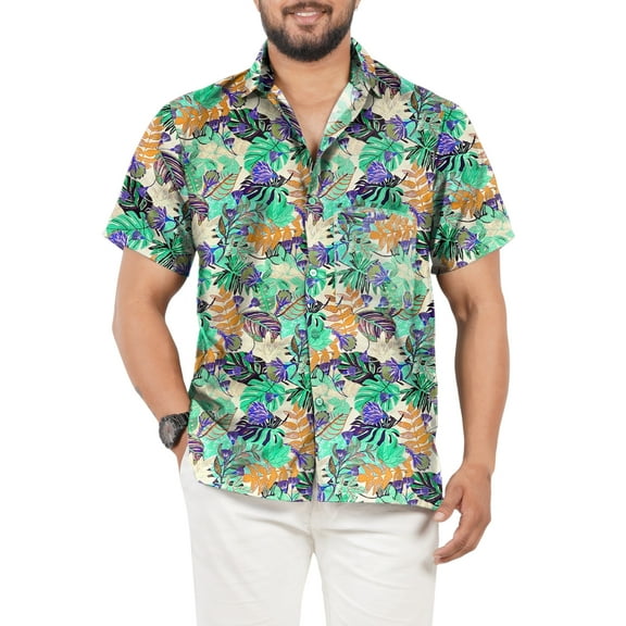 LA LEELA Mens Hawaiian Shirts Short Sleeve Button Down Shirt Men's Tropical Shirts Casual Holiday Summer Party Caribbean Shirts for Men Funny S Multi, Leaves