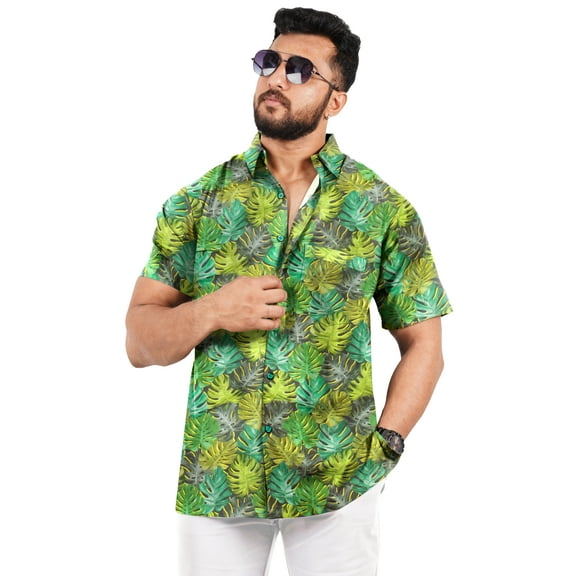 LA LEELA Mens Hawaiian Shirts Short Sleeve Button Down Shirt Men's Tropical Shirts Casual Holiday Summer Party Caribbean Shirts for Men Funny XXL Emerald, Leaves