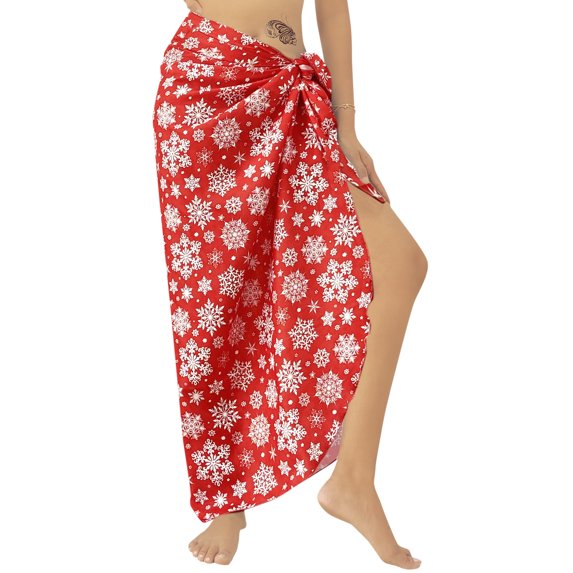 LA LEELA WoMen's Christmas Tree Beachwear Bikini Wraps Beach Wrap Sarong Cover up Skirt Swimsuit Coverup Cover Ups for Women One Size Red Snowflakes