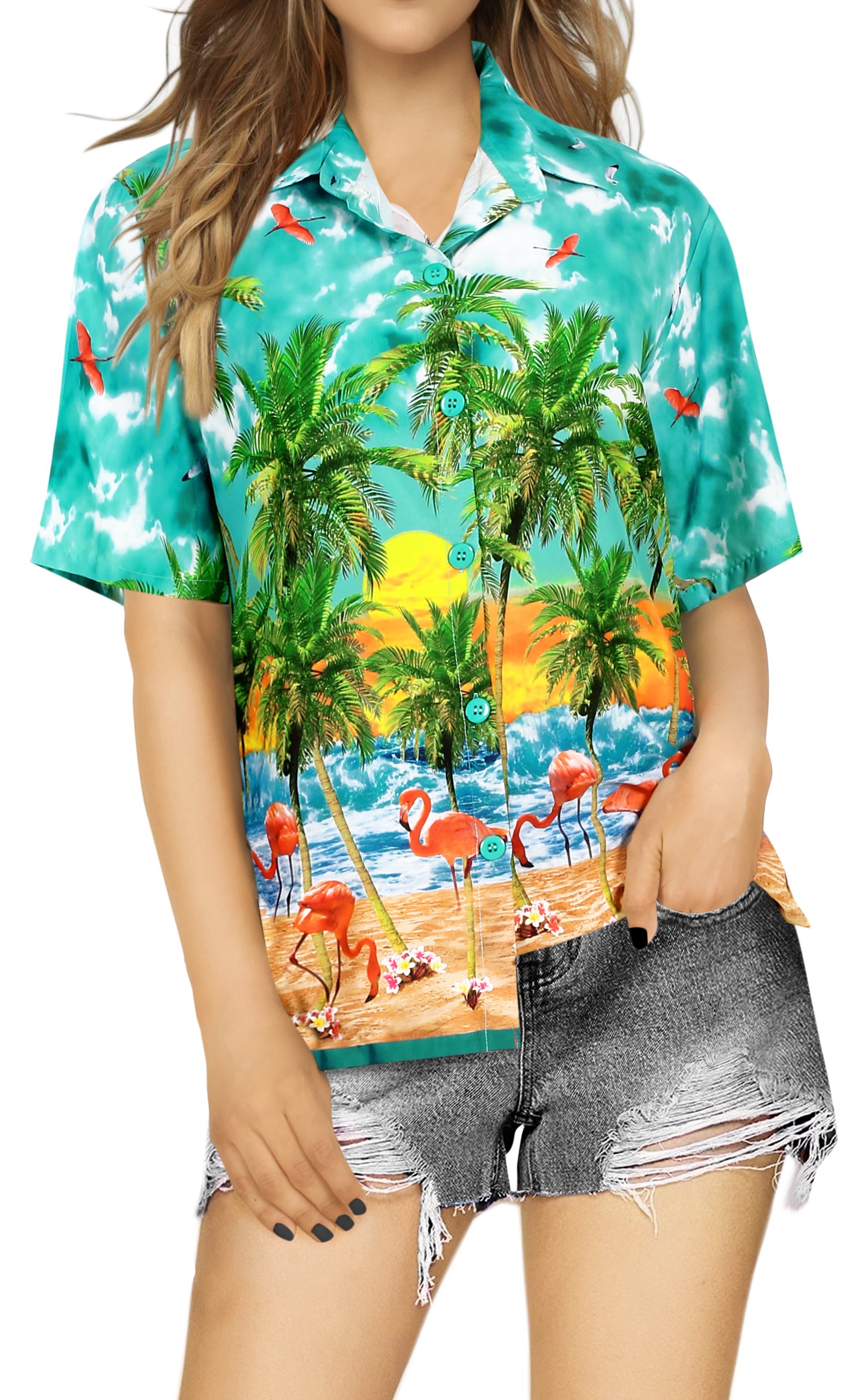 LA LEELA Women Casual Palm Tree Beach Tropical Hawaiian Shirt L Sea  Green_AA417