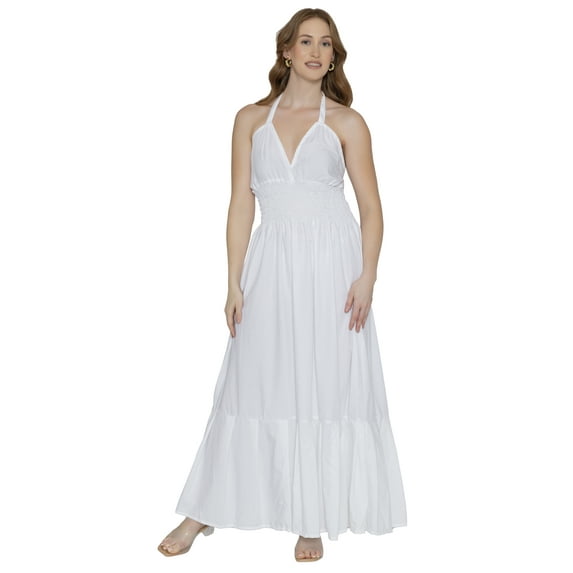 LA LEELA Women's A-Line Maxi Gown Smocked Top Frill Dress Long Sleeveless Casual Tube Dresses for Women S-M Solid, White