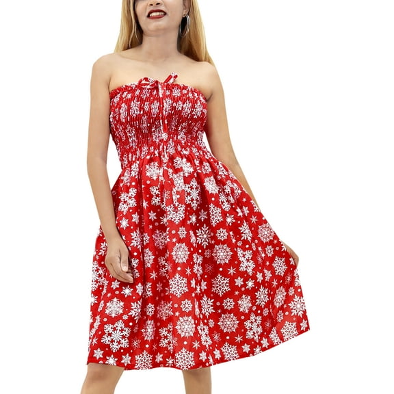 LA LEELA Women's Beach A line Slit Mini Dress Ruched Tube Top Evening Party Short Strapless Casual Christmas Tree Dress for Women L-XL Red Snowflakes