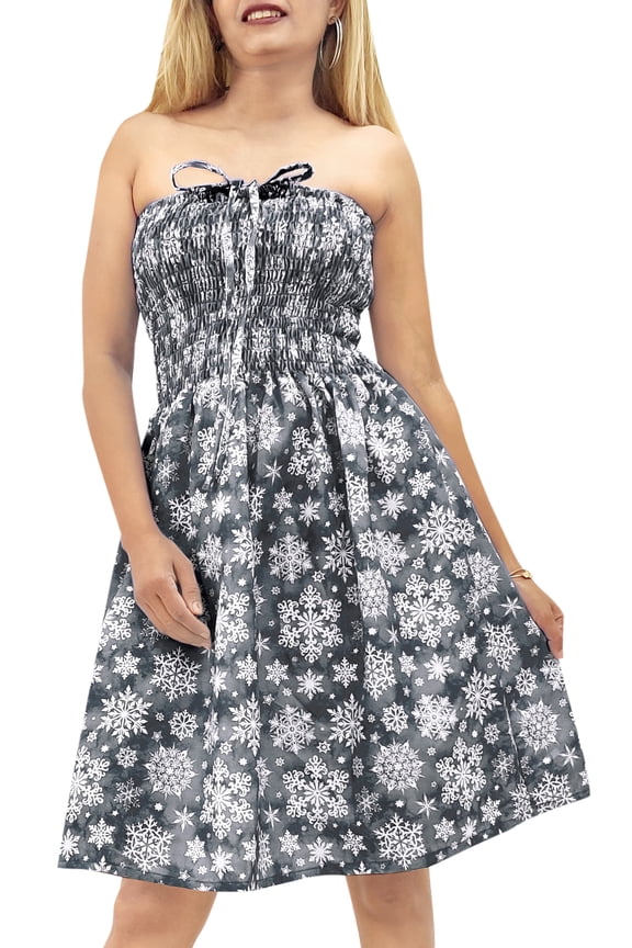 Women's Beach A line Slit Mini Dress Ruched Tube Top Evening Short Strapless Casual Christmas Tree Dress for Women L-XL Grey Snowflakes