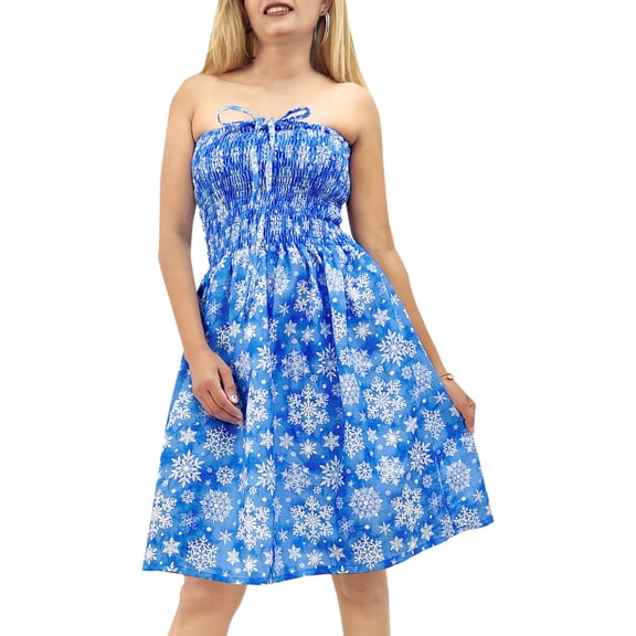 LA LEELA Women's Beach A line Slit Mini Dress Ruched Tube Top Evening Short Strapless Casual Christmas Tree Dress for Women L-XL R_Blue Snowflakes