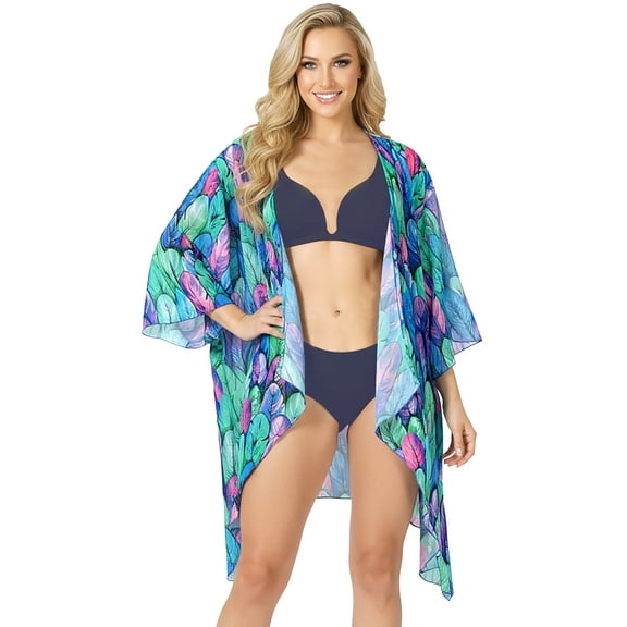 LA LEELA Women's Beach Bikini Cardigan Swimsuit Kimono L-XL Blue, Leaves