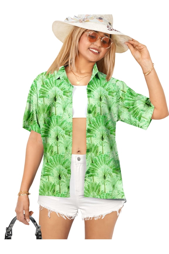 Women's Beach Button Down Short-Sleeve Hawaiian Shirt Summer Holidays Bohemian Party Tops Elegant Boho Shirt For Women S Leaf, Green