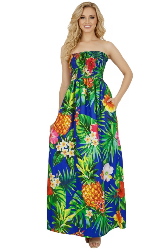 Women's Beach Casual Maxi Strapless Dresses Summer Tube Dress L-XL Royal, Tropical