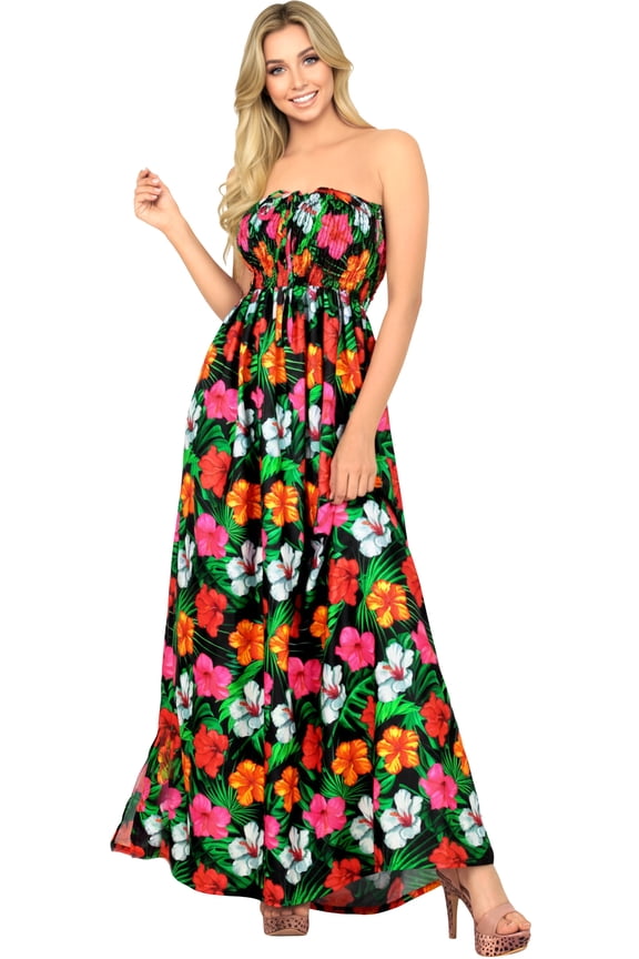 Women's Beach Casual Slit Maxi Strapless Dresses Summer Tube Dress One Size Coal, Floral