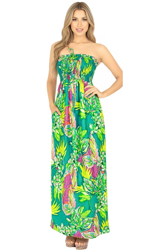 Women's Beach Casual Slit Maxi Strapless Dresses Summer Tube Dress One Size Shamrock Green, Floral
