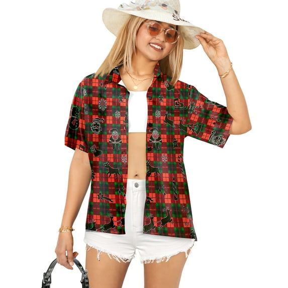 LA LEELA Women's Beach Flannel Santa Claus Party Gifts Button Down Shirt Blouse Tops Hawaiian Christmas Tree Dresses for Women S Red Xmas Checks
