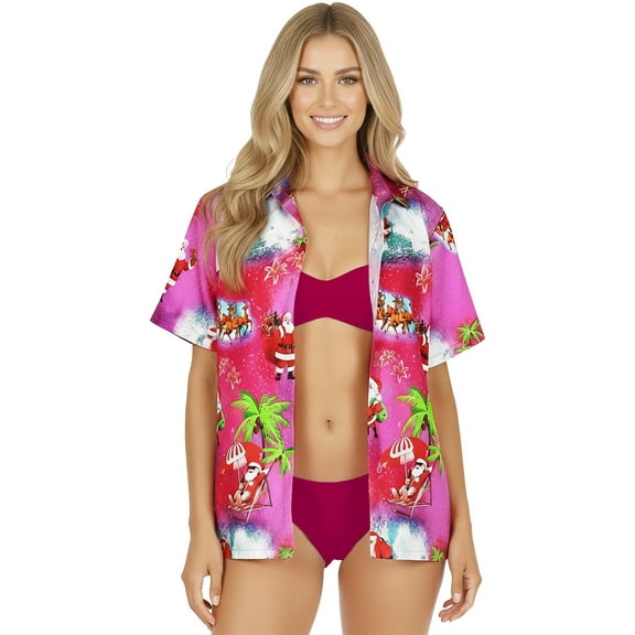 LA LEELA Women's Beach Funny Santa Claus Party Blouse Shirt Tops Button Down Shirts Christmas Tree Hawaiian Blouses for Women L Xmas Gifts, Pink