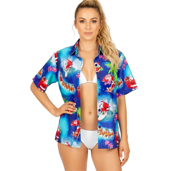 LA LEELA Women's Beach Funny Santa Claus Party Holiday Blouse Shirt Tops Short Sleeve Hawaiian Christmas Tree Dresses for Women L Xmas Gifts, Blue