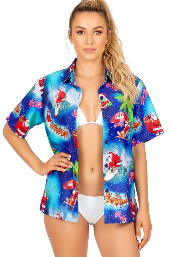 Women's Beach Funny Santa Claus Party Holiday Blouse Shirt Tops Short Sleeve Hawaiian Christmas Tree Dresses for Women L Xmas Gifts, Blue