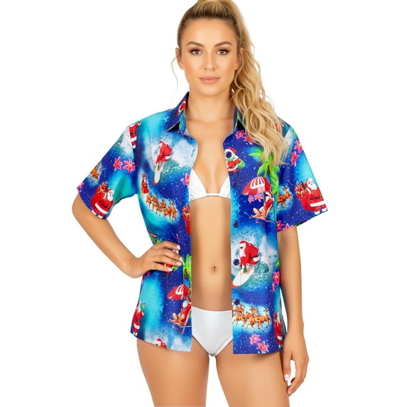 LA LEELA Women's Beach Funny Santa Claus Party Holiday Blouse Shirt Tops Short Sleeve Hawaiian Christmas Tree Dresses for Women XXL Xmas Gifts, Blue