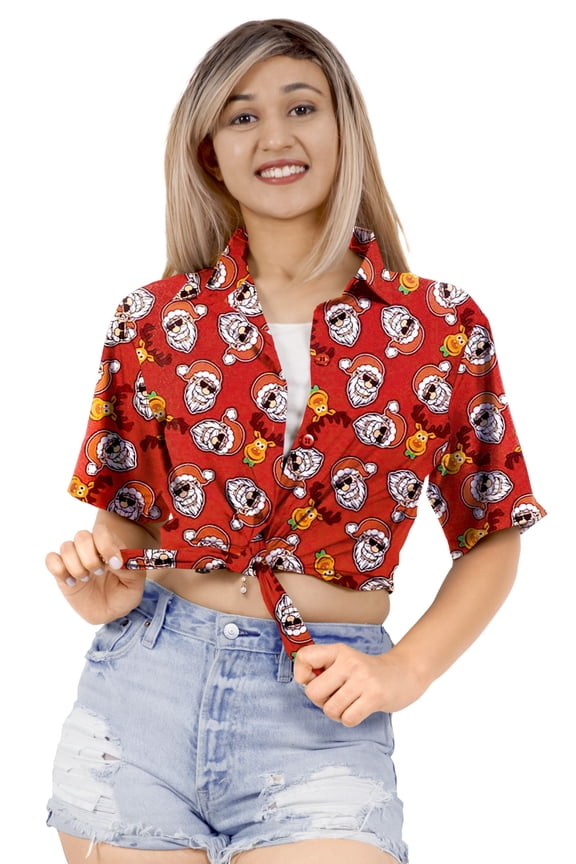 Women's Beach Funny Santa Claus Party Shirt Blouse Button Down Tops Shirts Hawaiian Christmas Tree Blouses for Women S Happy Santa Face, Red