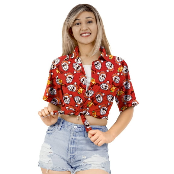LA LEELA Women's Beach Funny Santa Claus Party Shirt Blouse Button Down Tops Shirts Hawaiian Christmas Tree Blouses for Women XL Happy Santa Face, Red