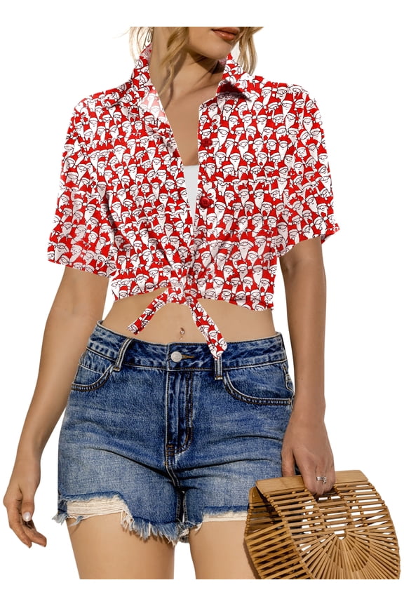 Women's Beach Funny Santa Claus Party Shirt Blouse Short Sleeve Tops Hawaiian Christmas Tree Dresses for Women XXL Allover Santa Face, Red