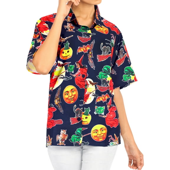 LA LEELA Women's Beach Halloween Costumes Blouse Shirt Spooky Hocus Pocus Print Tops Short Sleeve Button Down Holiday Party Shirts for Women M Scary Theme Night Blue