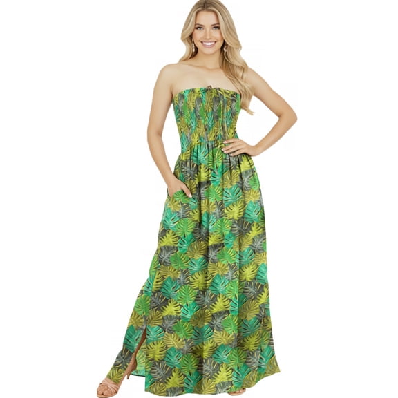 LA LEELA Women's Beach Maxi A-Line Casual Summer Slit Party Strapless Tube Top Dress L-XL Leaves, Green