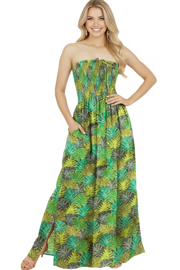 Women's Beach Maxi A-Line Casual Summer Slit Party Strapless Tube Top Dress L-XL Leaves, Green