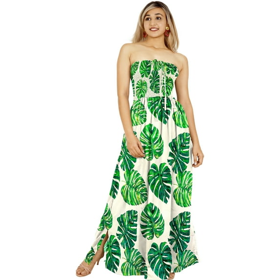 LA LEELA Women's Beach Maxi A-Line Casual Summer Slit Party Strapless Tube Top Dress L-XL Leaves, White