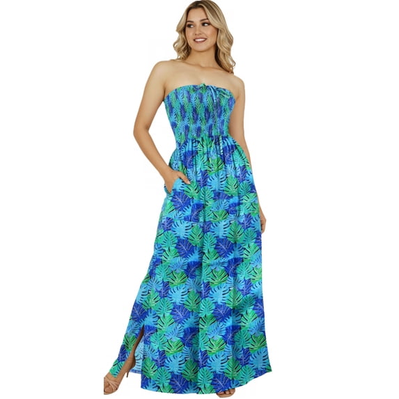 LA LEELA Women's Beach Maxi A-Line Casual Summer Slit Party Strapless Tube Top Dress L-XL Monstera Leafs, Blue