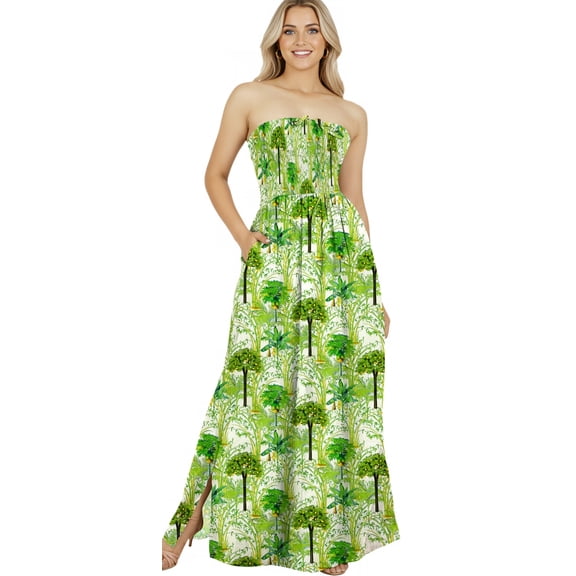 LA LEELA Women's Beach Maxi A-Line Casual Summer Slit Party Strapless Tube Top Dress L-XL Palm, Green