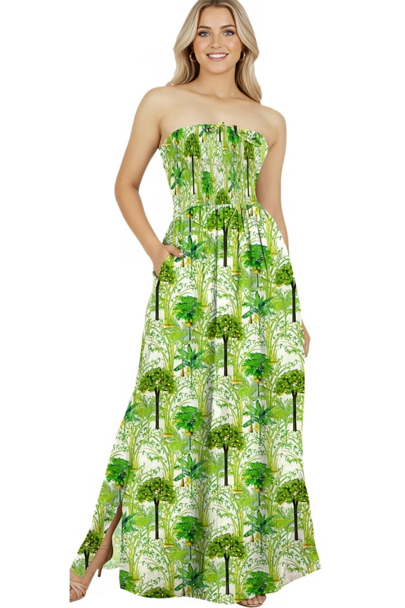 Women's Beach Maxi A-Line Casual Summer Slit Party Strapless Tube Top Dress L-XL Palm, Green
