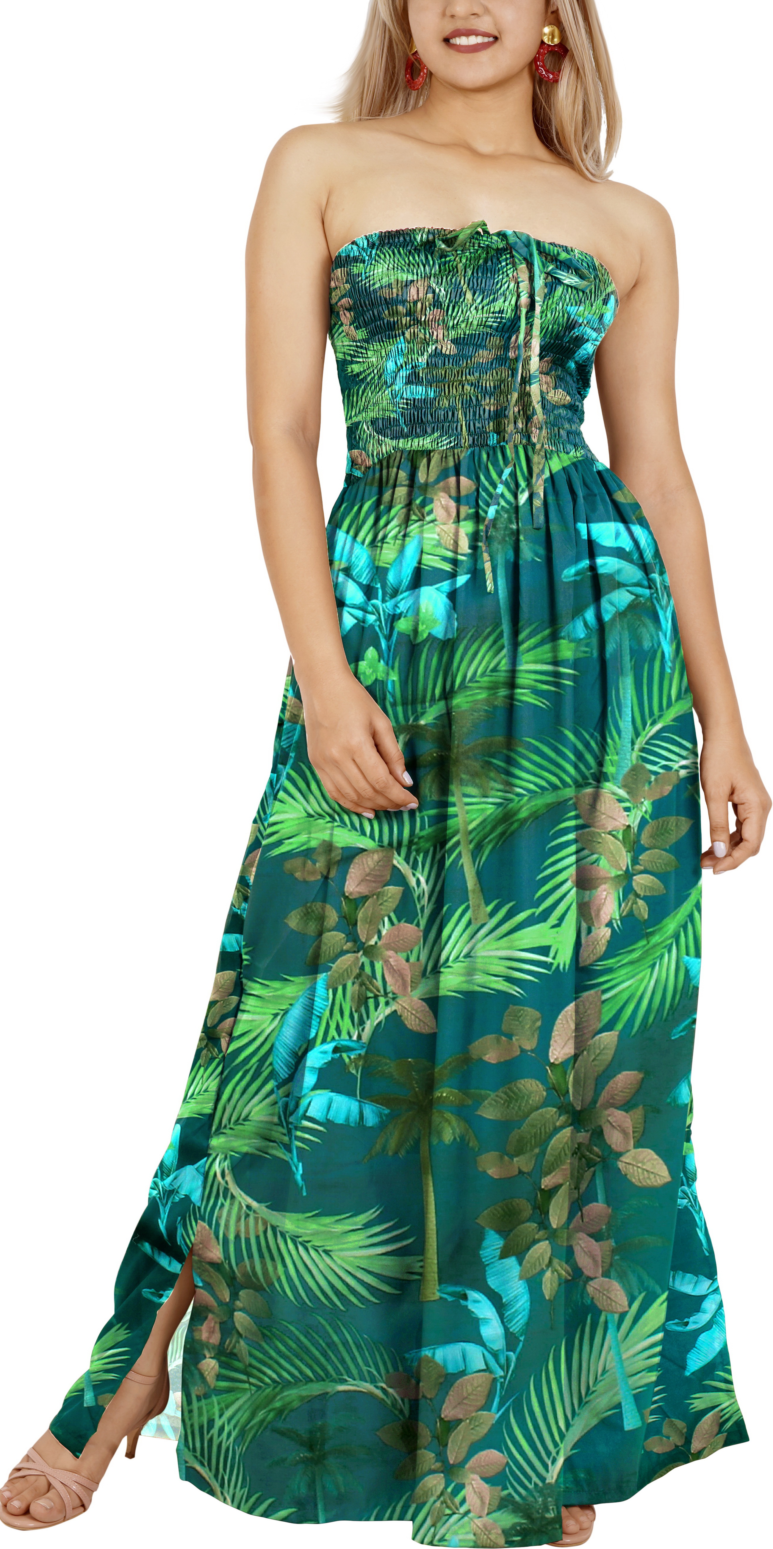 LA LEELA Women's A-Line Strapless Tube Dress With Side Slit - Casual Long Cotton Dress, One Size In Tropical Kohl