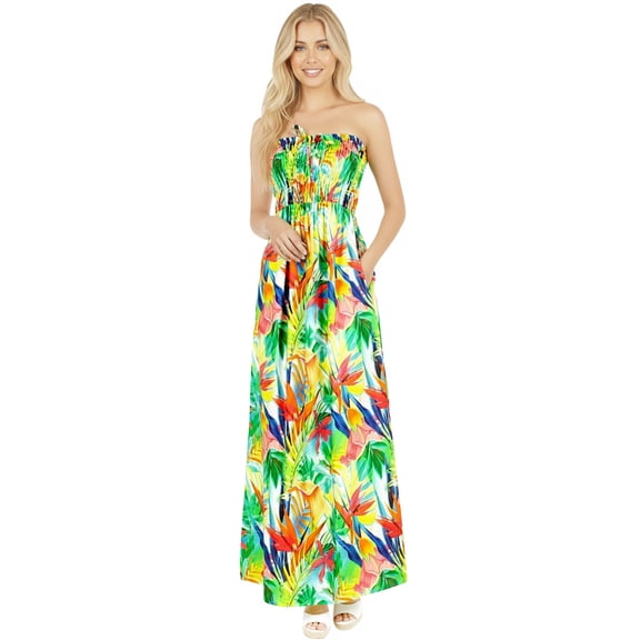 LA LEELA Women's Beach Maxi A-Line Casual Summer Slit Party Strapless Tube Top Dress One Size Aqua, Leaves