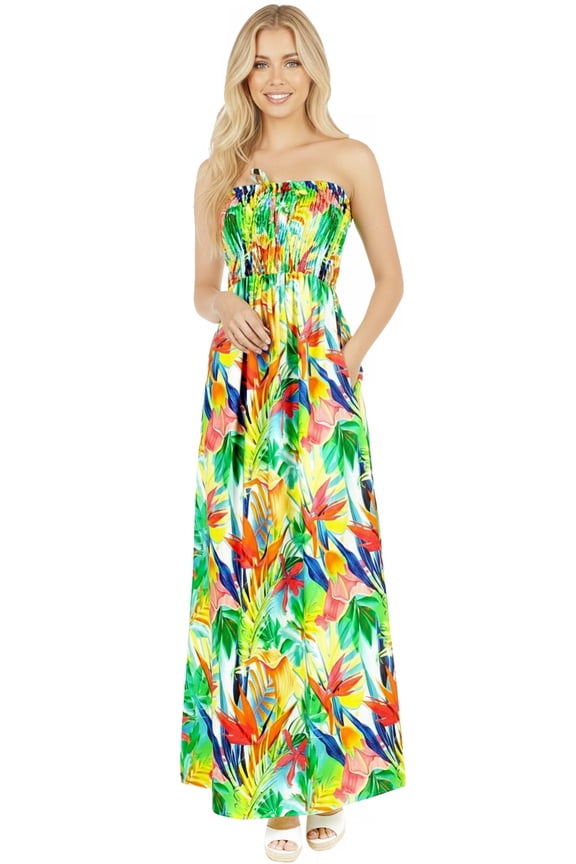 Women's Beach Maxi A-Line Casual Summer Slit Party Strapless Tube Top Dress One Size Aqua, Leaves