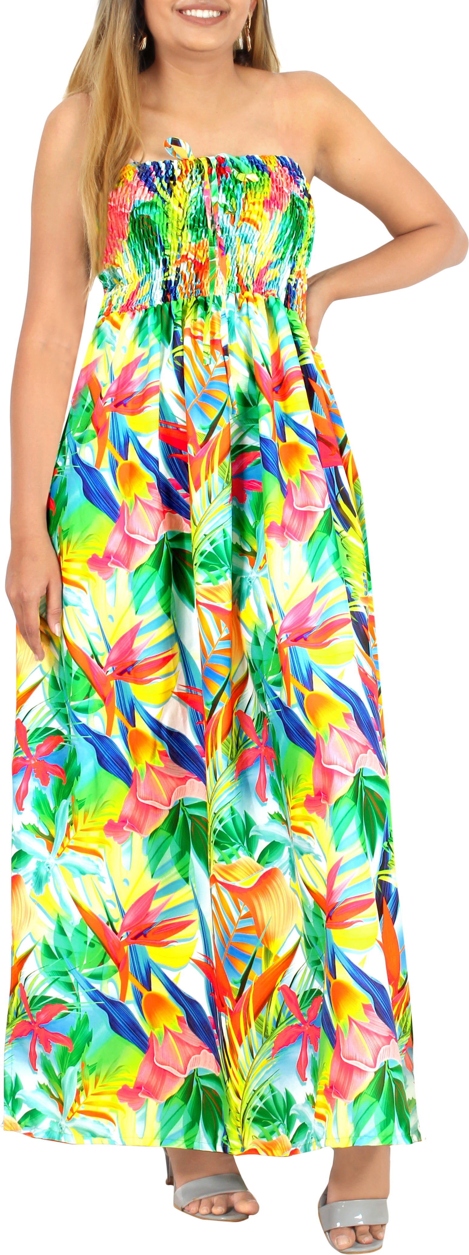 Tropical Leaf Print Strapless Tube Waisted Maxi Dress