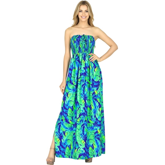 LA LEELA Women's Beach Maxi A-Line Casual Summer Slit Party Strapless Tube Top Dress One Size Blue, Leaves